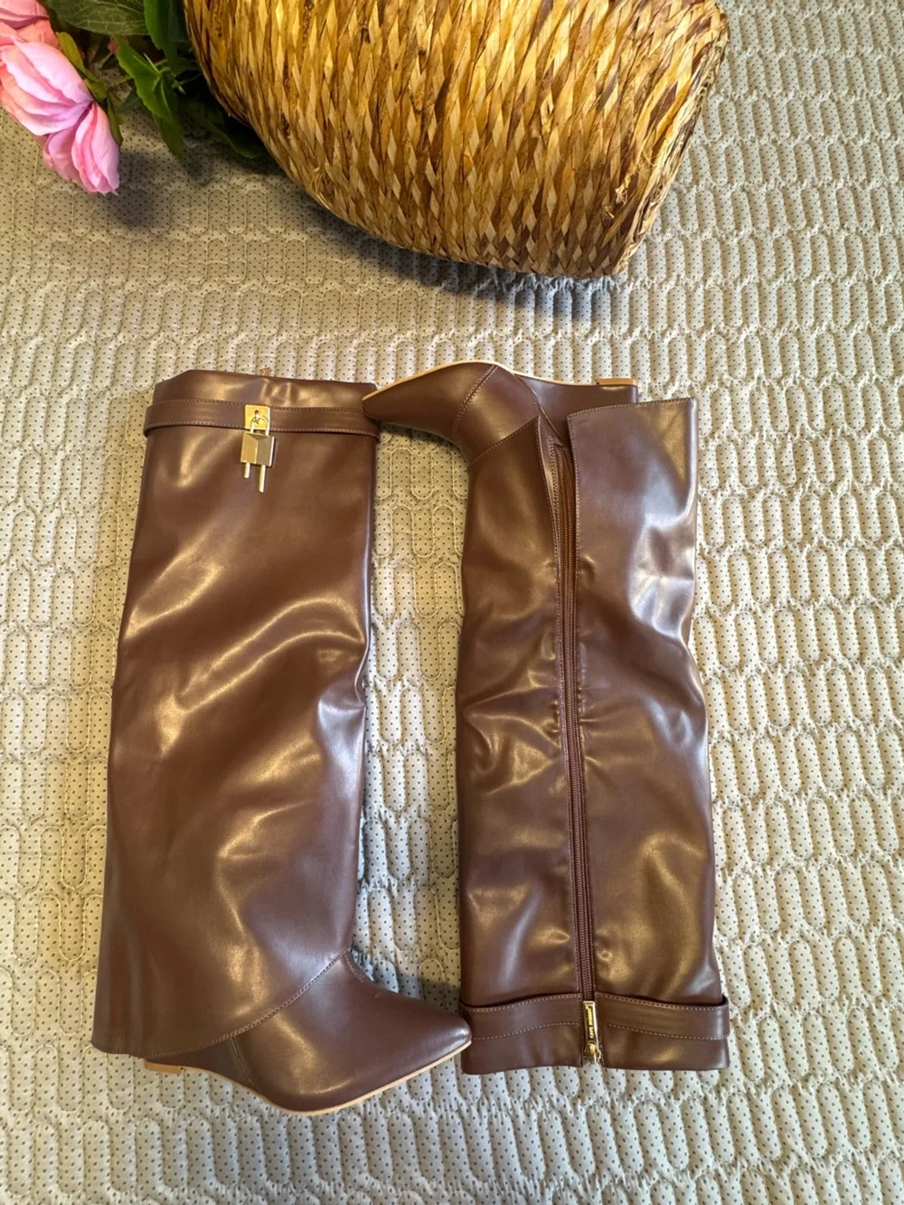Cape Robbin Leather Knee High Boots Brown Gold Hardware Designer Style